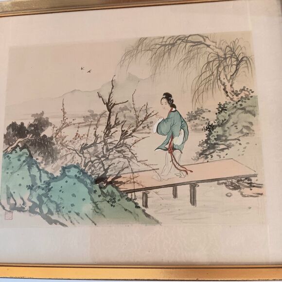 Vintage Chinese Asian Paintings on Silk Woman in Landscape Gold Frame Set of Two - Picture 3 of 16